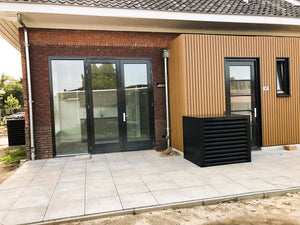 Warmtepomp met geluidskast tegen aanbouw